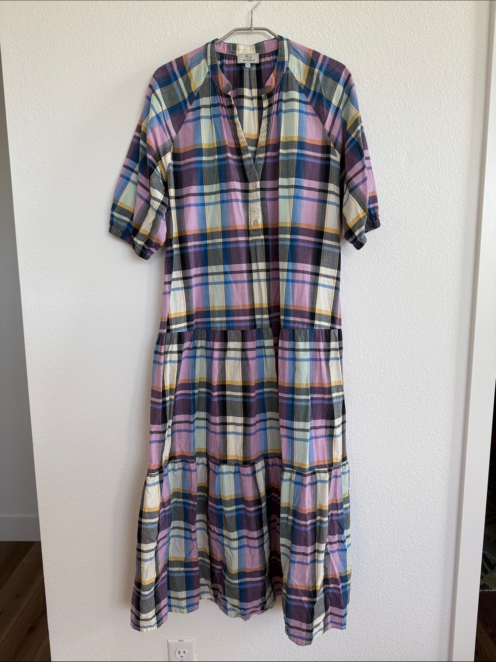 Woolrich Plaid Tiered Midi Dress in Blue, Purple, White, Tan
